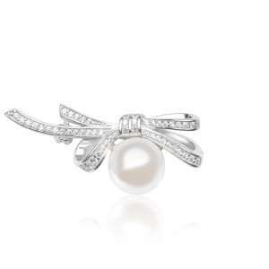 Brosa argint fundita cu perla naturala alba si pietre DiAmanti SK17221BR_W-G (Argint 925‰ 3,8 g.)